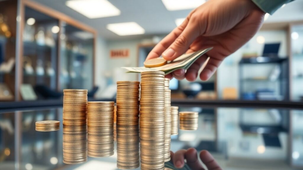 Hands exchanging gold coins and cash in shop