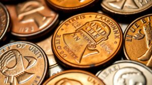 Close-up of rare and valuable U.S. pennies.