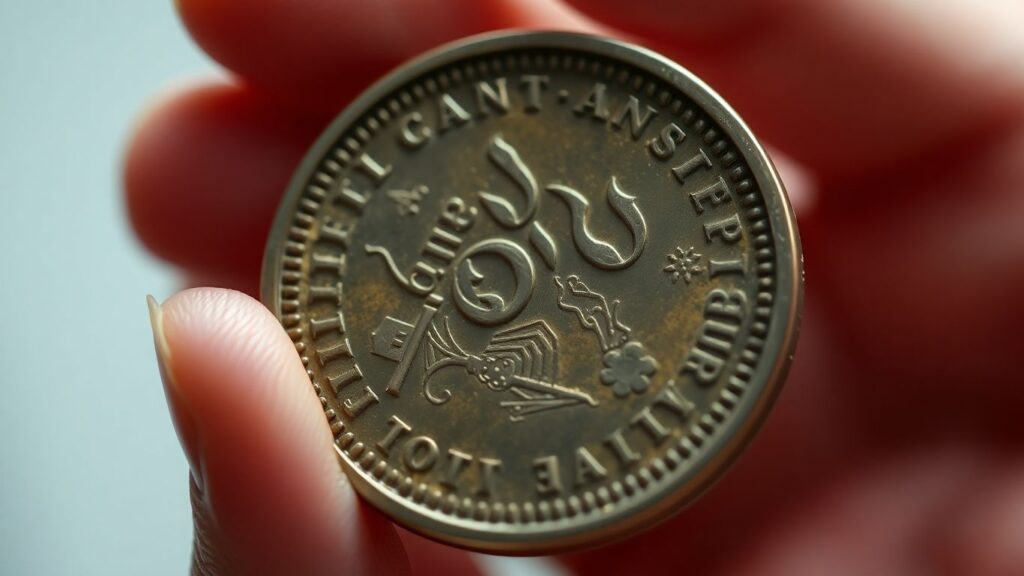 Close-up of a hand holding a detailed rare coin.