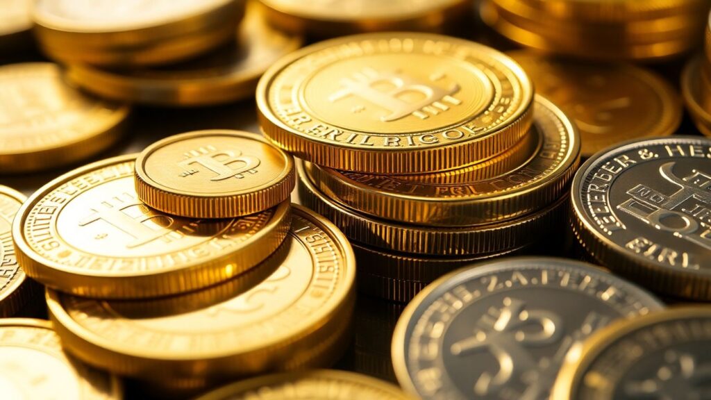 Gold and silver coins stacked together.