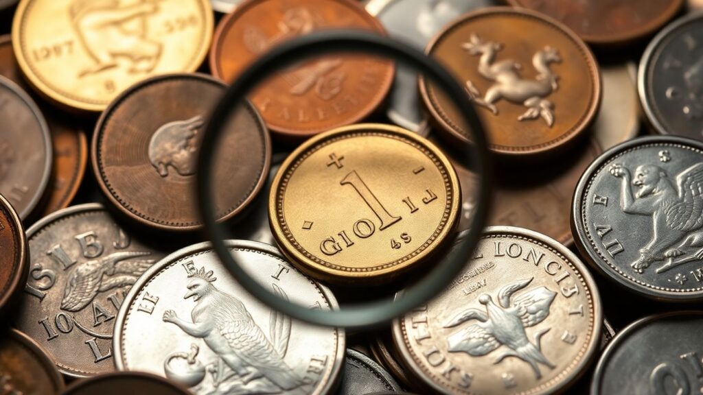 Collection of coins with magnifying glass, close-up view.