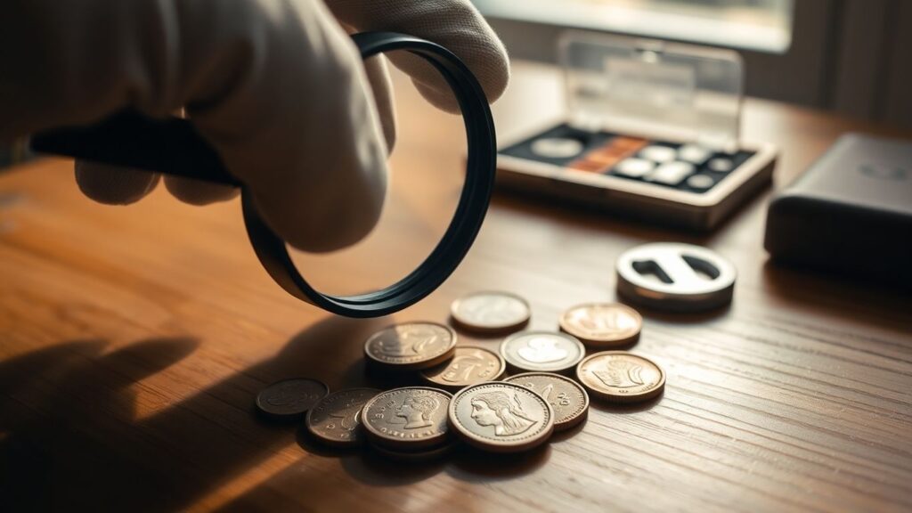 Examining vintage coins with magnifying glass and gloves