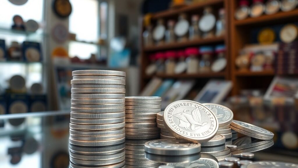 Silver coins stacked on counter in Waco coin shop