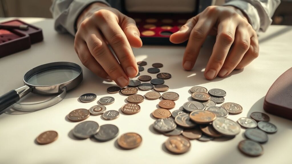 Hands inspecting vintage coins with a magnifying glass