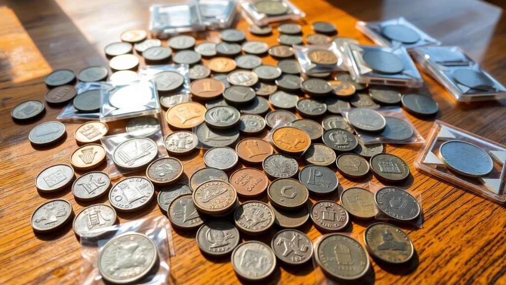Assorted vintage coins on a wooden table in sunlight.