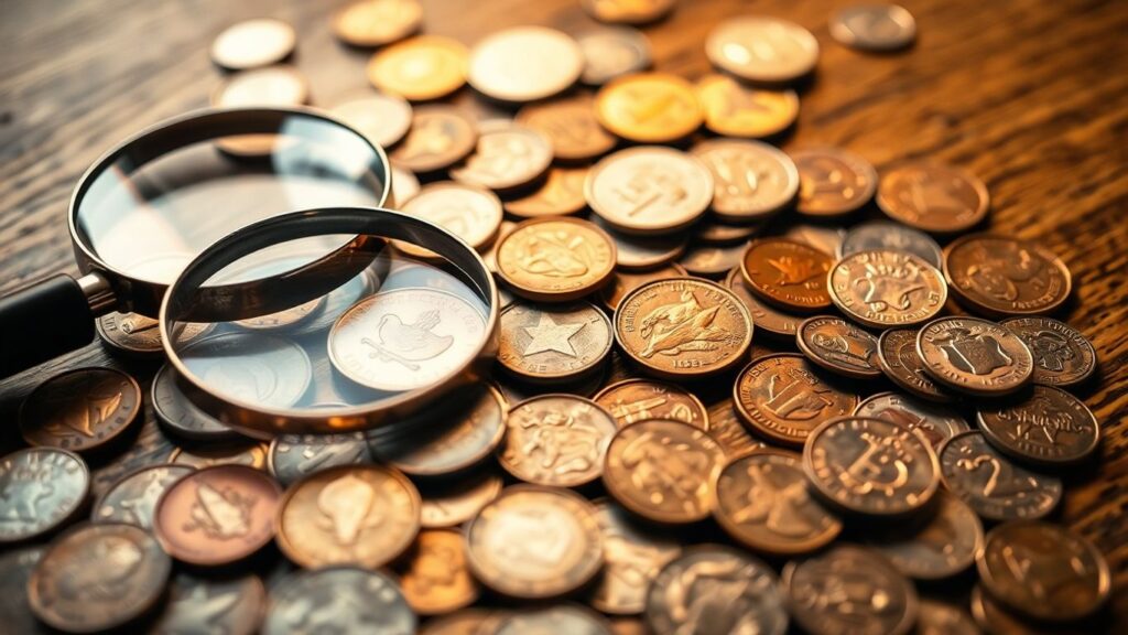 Old coins and magnifying glass on a wooden table.