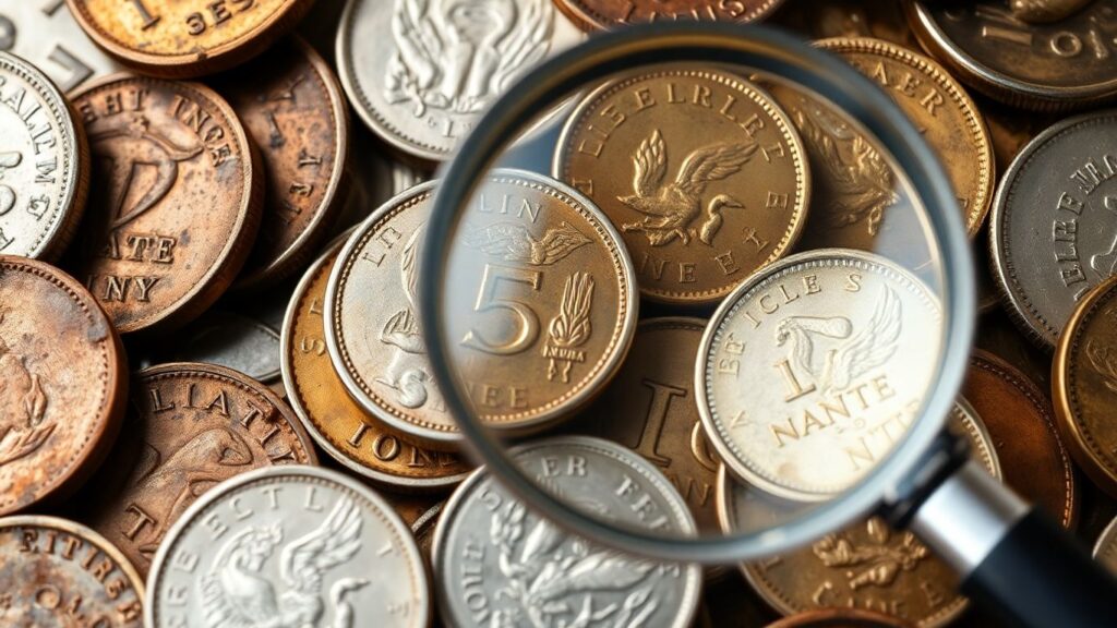 Close-up of tarnished and clean coins with a magnifying glass.