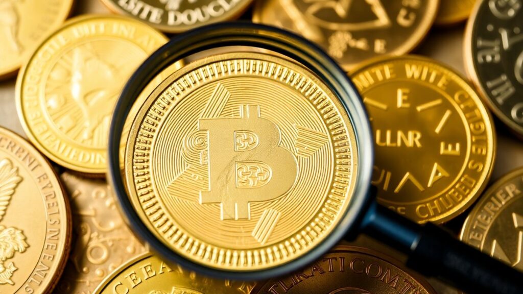 Close-up of gold coins with a magnifying glass.