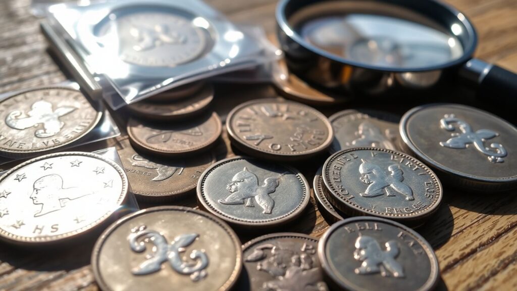 Coins and magnifying glass for appraisal preparation.