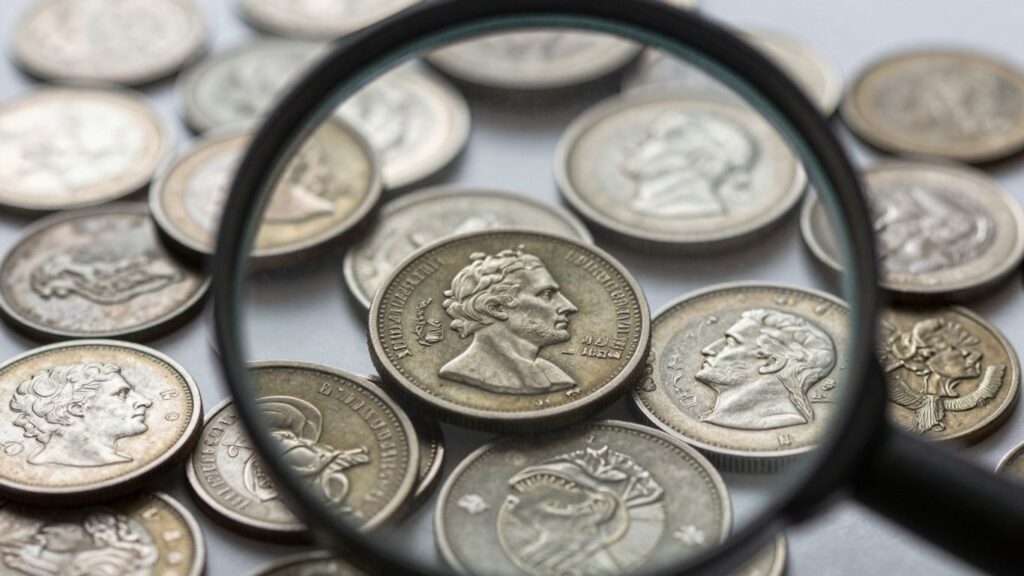 Coins with a magnifying glass, revealing details.
