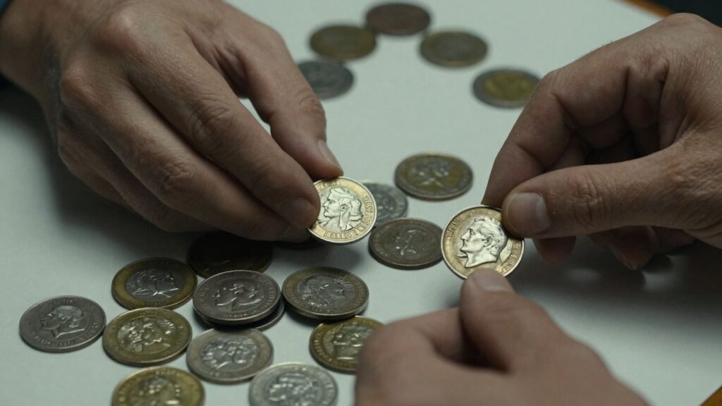 Dealer examining antique coins, close-up view.