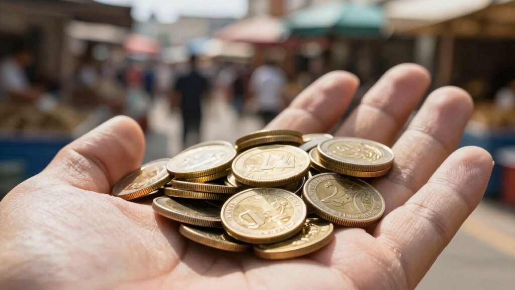 Hand holding gold coins in a marketplace.