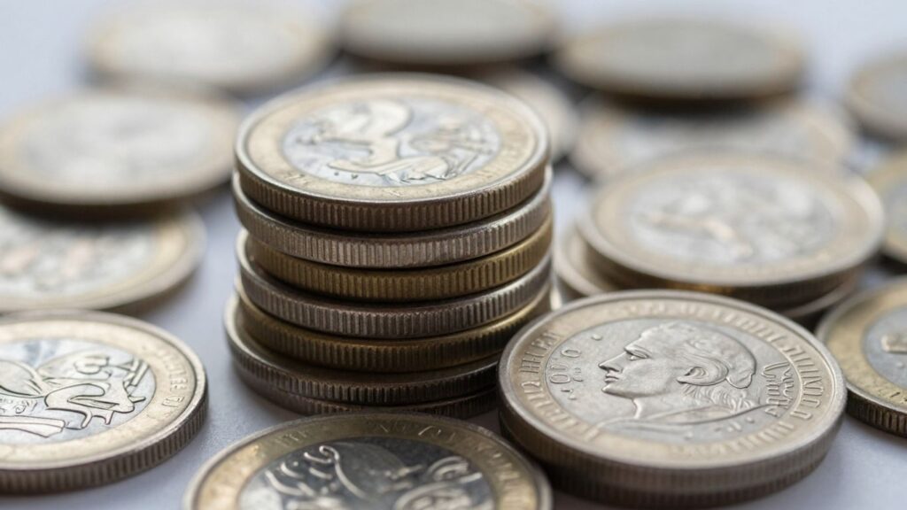 Stack of shiny silver and gold coins.