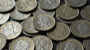 Collection of old foreign coins with intricate designs.