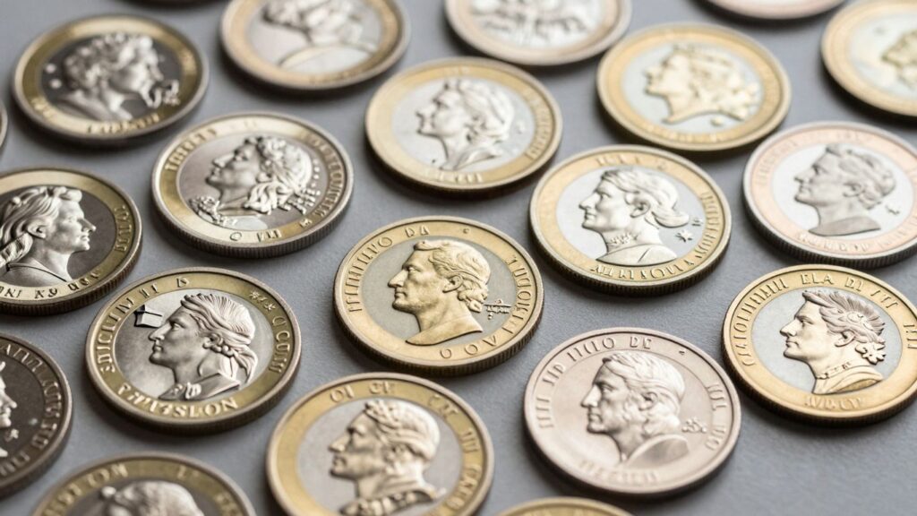 Collection of shiny silver and gold proof coins.