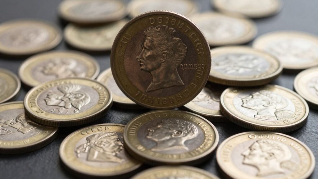 Collection of shiny commemorative coins on a dark surface.