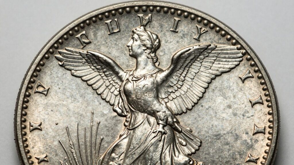 Close-up of a Standing Liberty quarter coin.